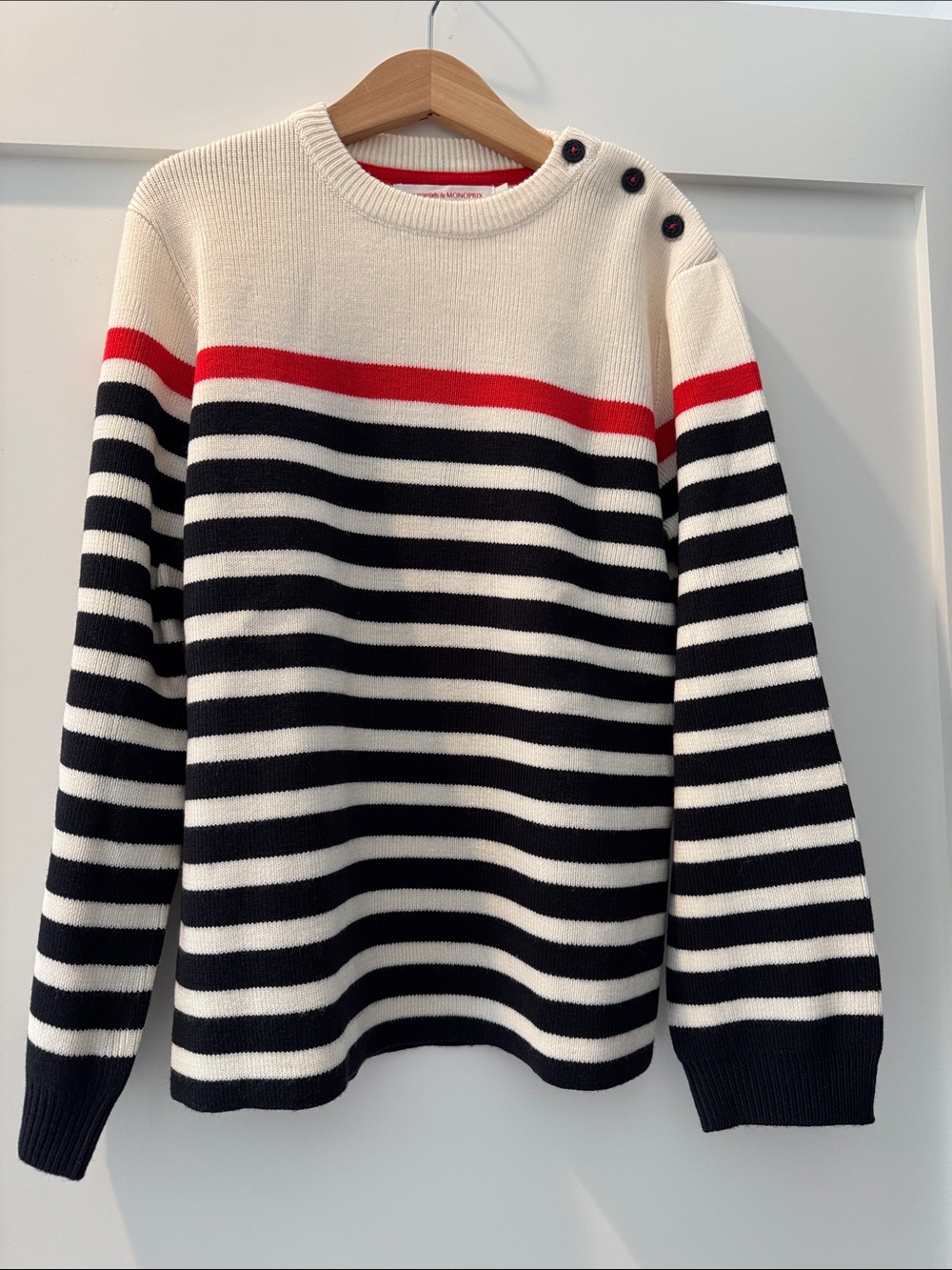 Kids Striped Button-Shoulder Sweater in Cream, Black & Red